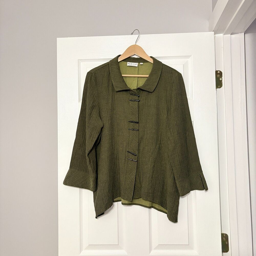 Habitat Blouse Womens L Green Tunic Textured Crinkle Toggle Buttons Lagenlook